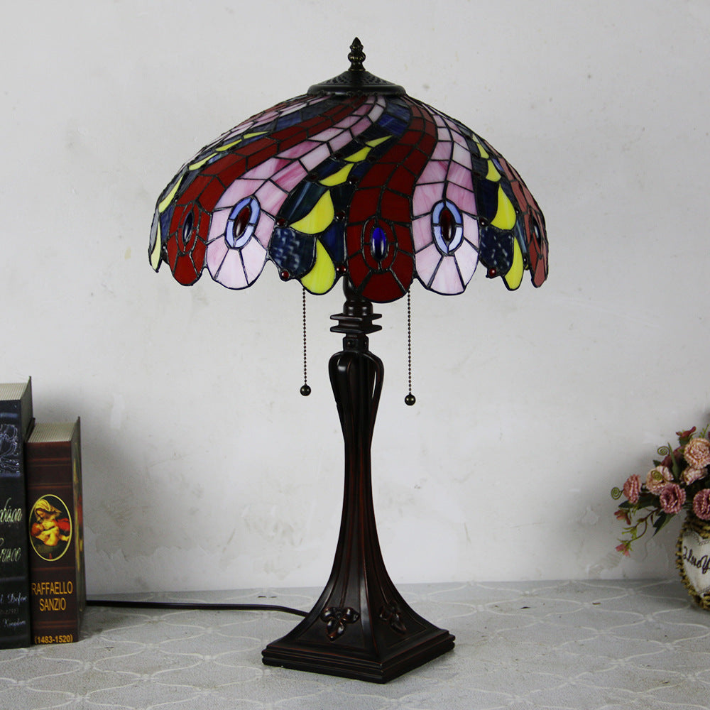 Tiffany Mediterranean Stained Glass Cone Pull Table Lamp