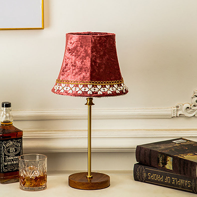 Traditional European Drum Velvet Copper Wood Table Lamp
