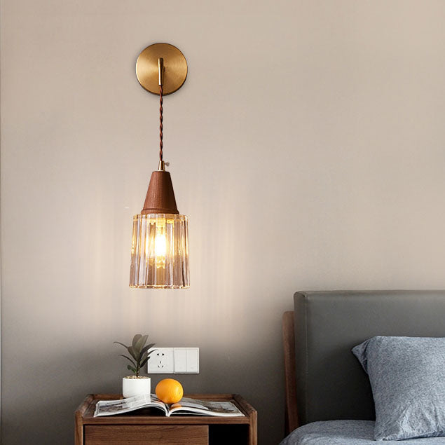 Japanese Walnut Glass Copper Cylinder 1-Light Wall Sconce