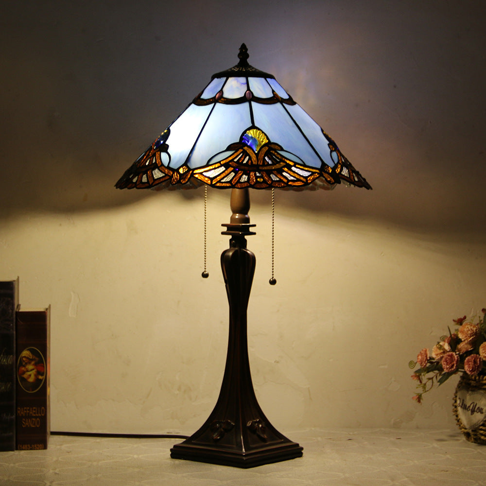 Tiffany Mediterranean Stained Glass Cone Pull Table Lamp