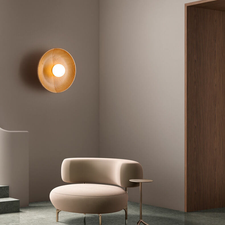 Modern Minimalist Round Disc Solid Wood 1-Light Wall Sconce