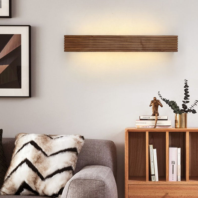 Traditional Chinese Striped Wood Cuboid LED Vanity Wall Sconce