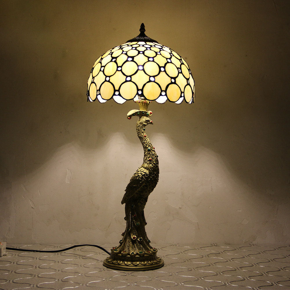 Traditional Tiffany Peacock Gem Dome Glass Resin Table Lamp