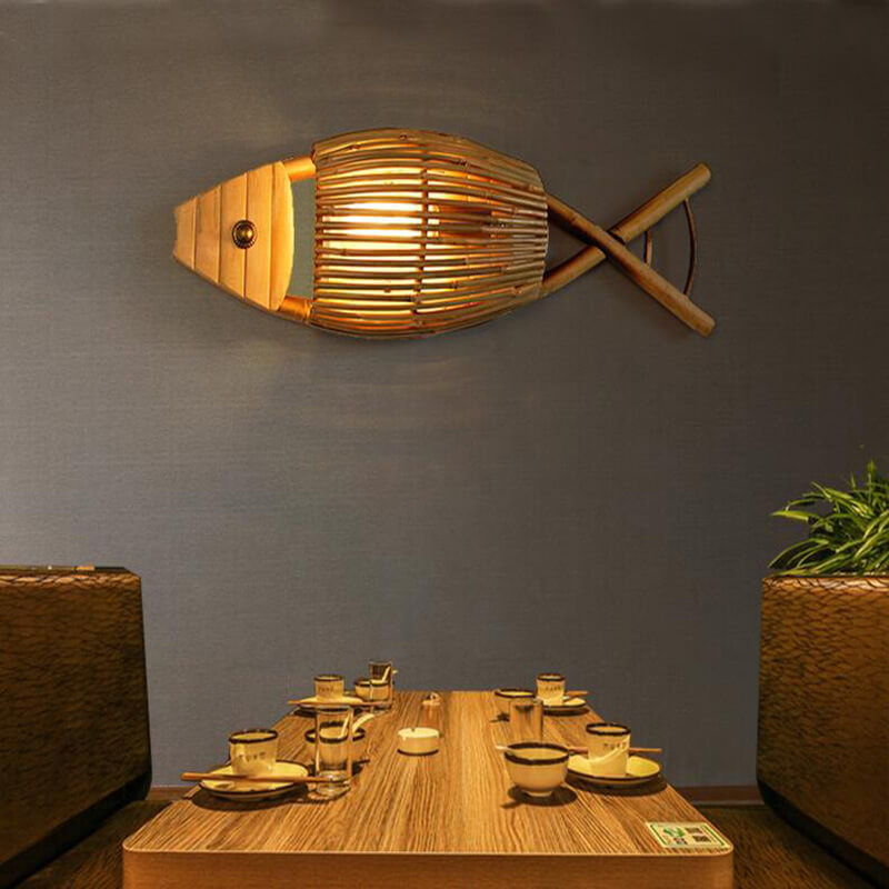 Vintage Bamboo Weaving Fish Shaped 1-Light Wall Sconce