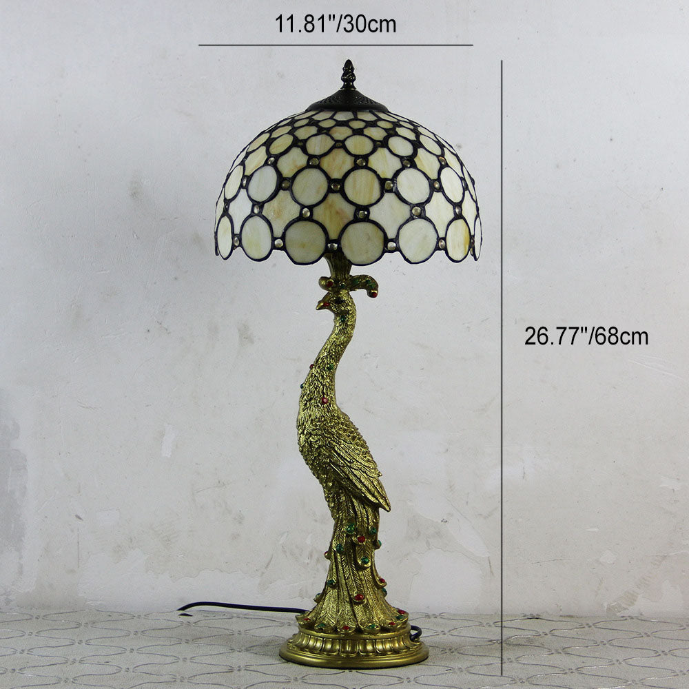 Traditional Tiffany Peacock Gem Dome Glass Resin Table Lamp