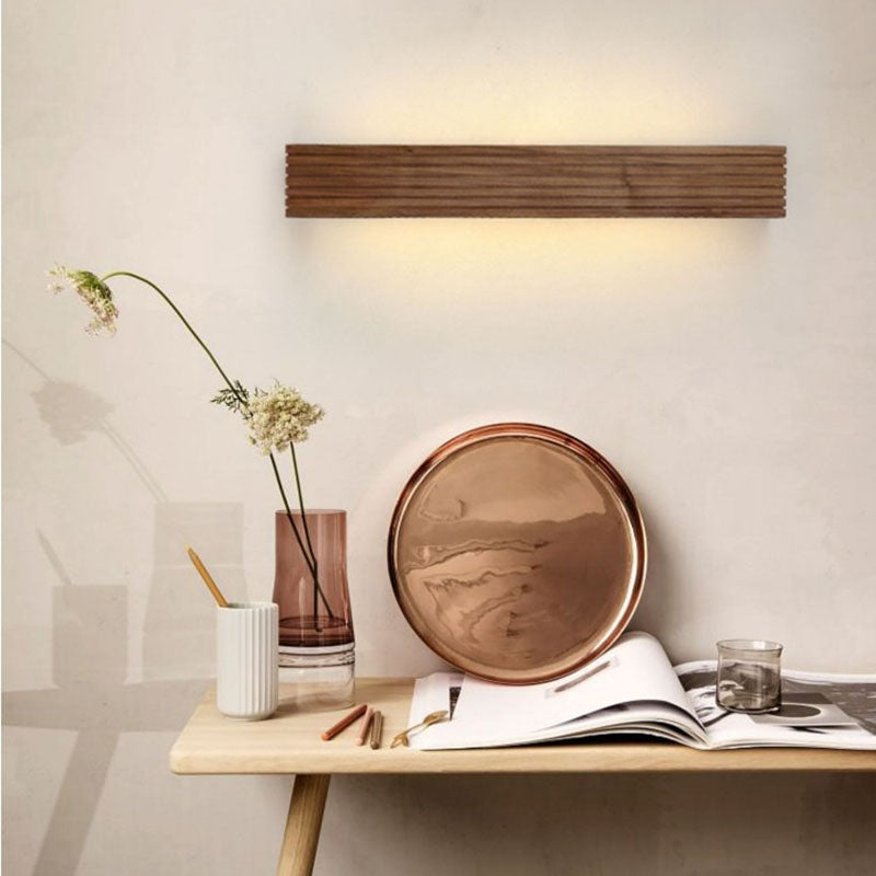 Traditional Chinese Striped Wood Cuboid LED Vanity Wall Sconce