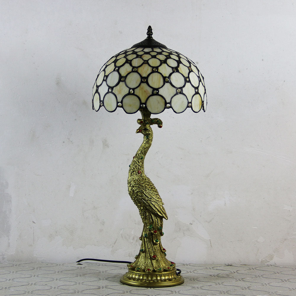 Traditional Tiffany Peacock Gem Dome Glass Resin Table Lamp