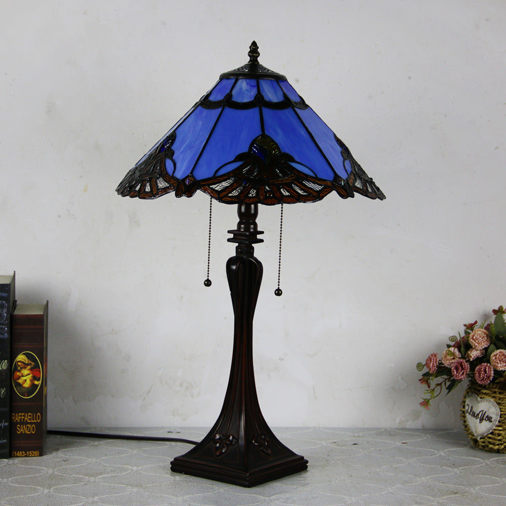 Tiffany Mediterranean Stained Glass Cone Pull Table Lamp