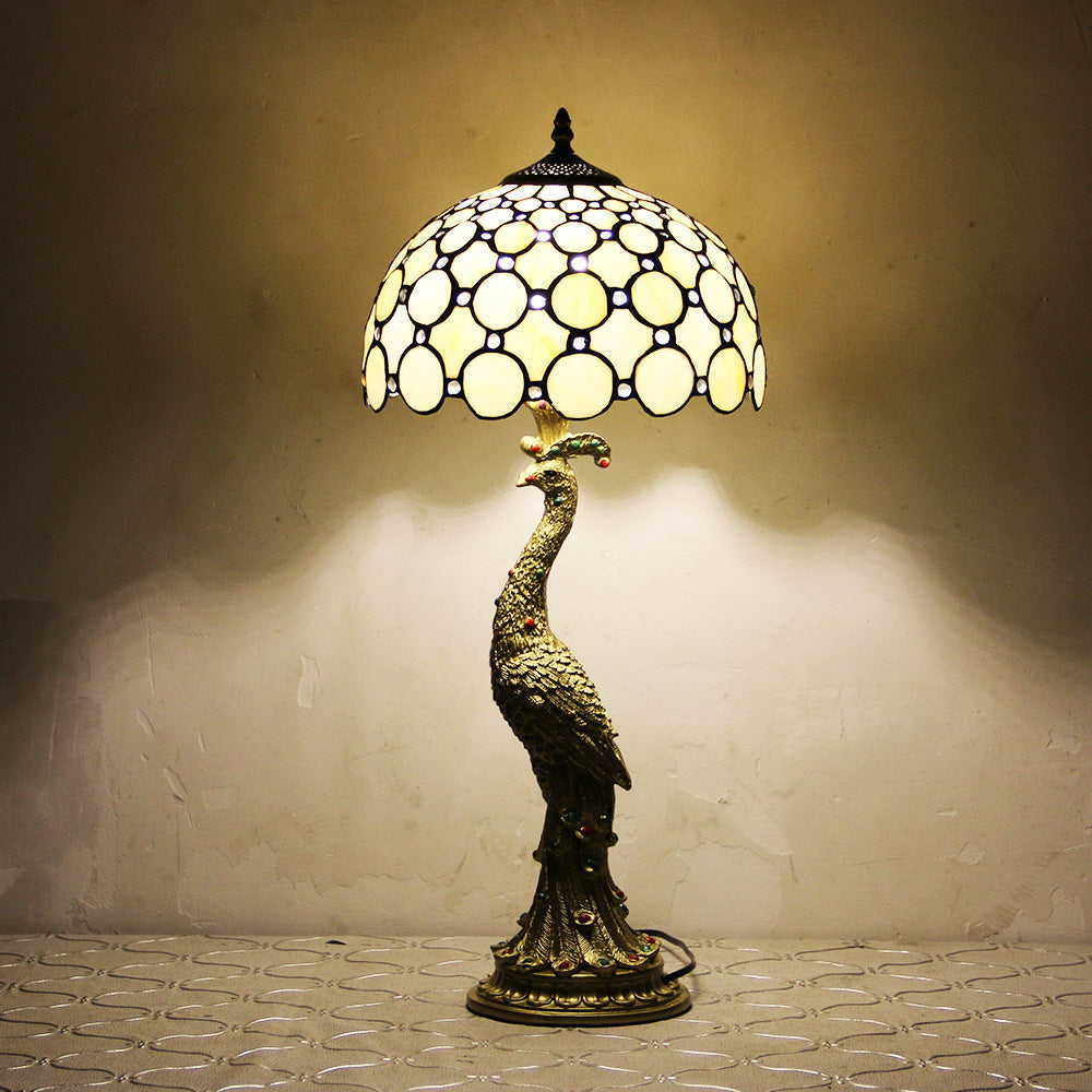Traditional Tiffany Peacock Gem Dome Glass Resin Table Lamp