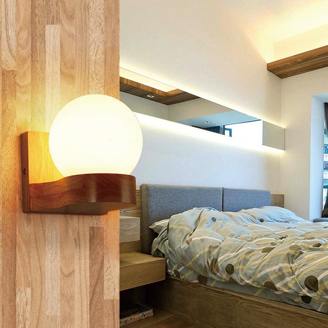 Contemporary Nordic Rubberwood Glass Ball Wall Sconce