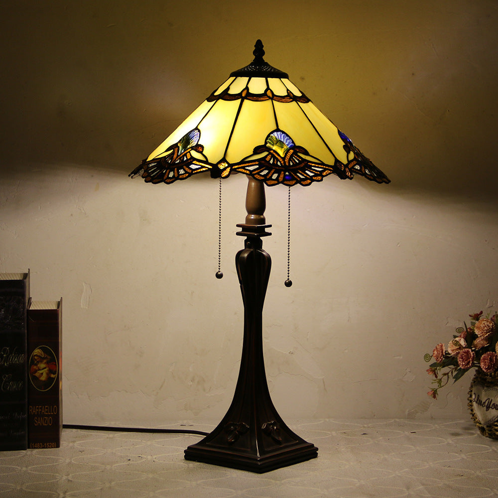 Tiffany Mediterranean Stained Glass Cone Pull Table Lamp