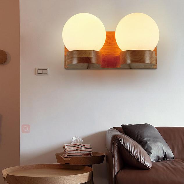 Contemporary Nordic Rubberwood Glass Ball Wall Sconce