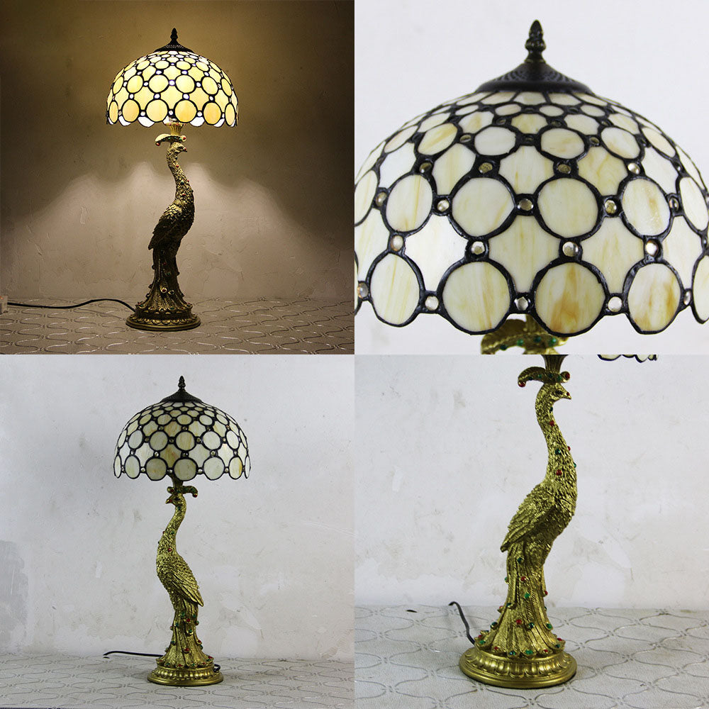 Traditional Tiffany Peacock Gem Dome Glass Resin Table Lamp