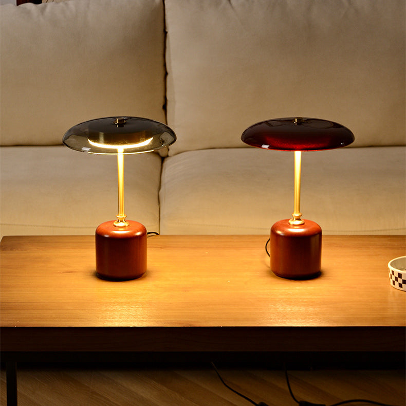 Retro Brass Wood Glass Round Cylinder LED Table Lamp