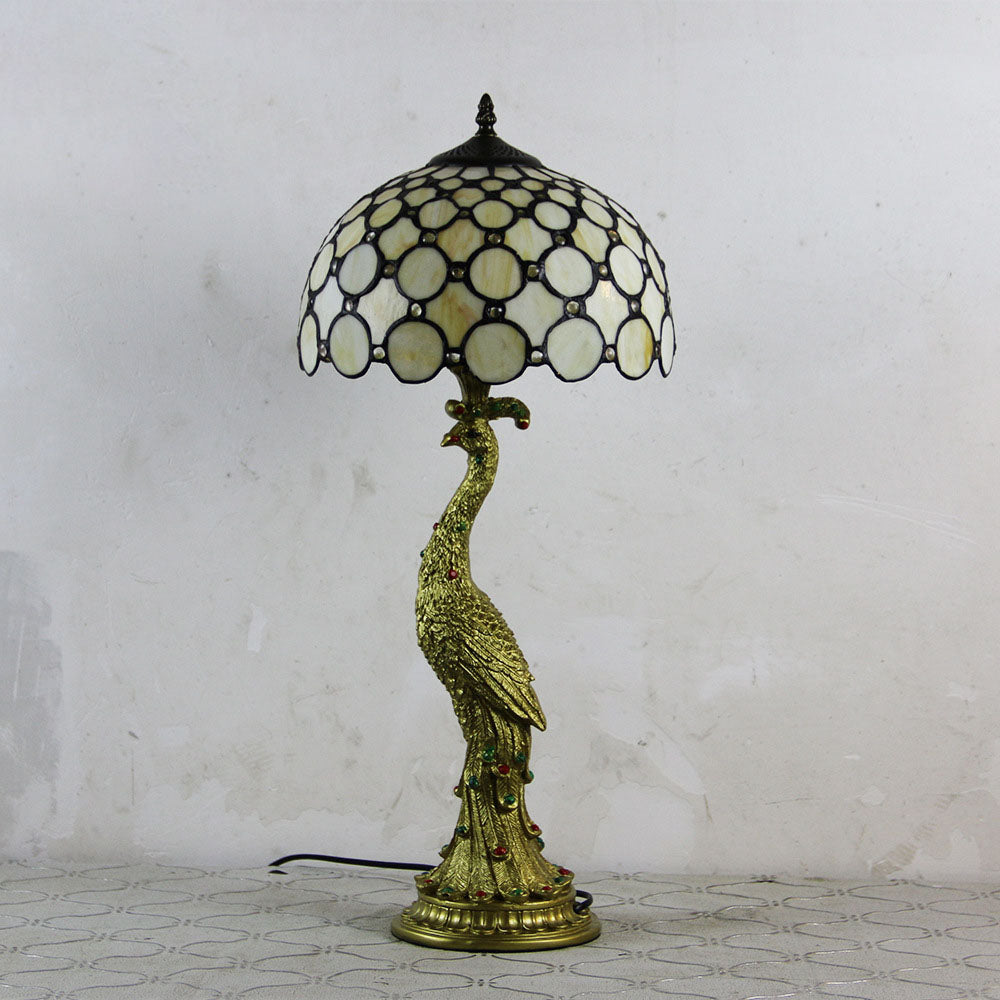 Traditional Tiffany Peacock Gem Dome Glass Resin Table Lamp