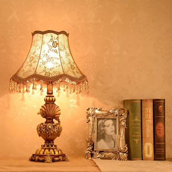 European Vintage Fabric Tassel Resin Court Table Lamp