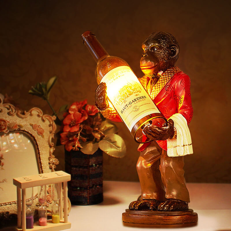 Retro Creative Monkey Resin Wine Bottle 1-Light Table Lamp
