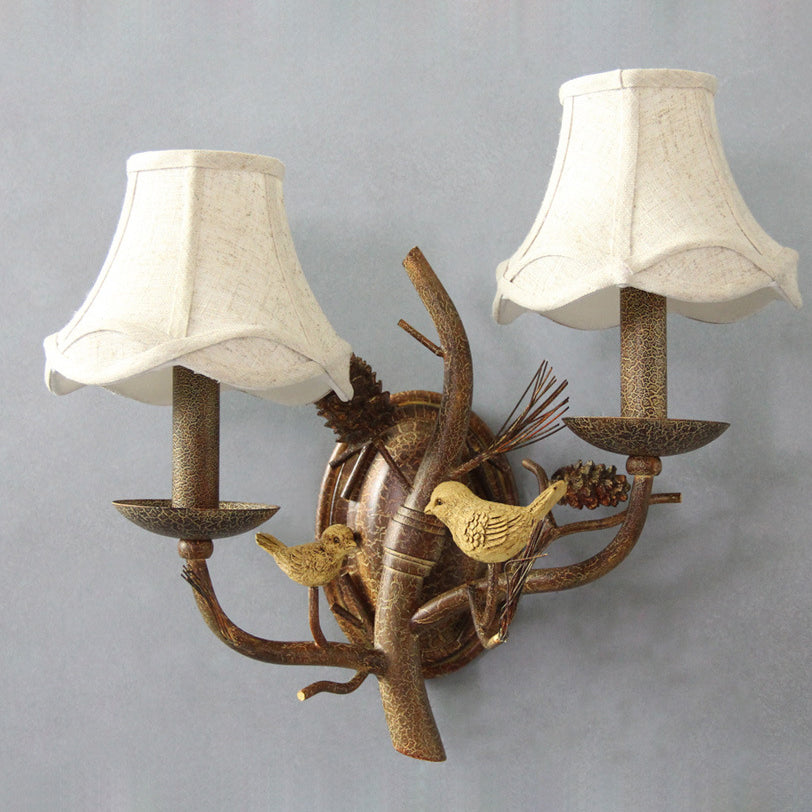 Vintage Fabric Bird Pinecone Resin 1/2 Light Wall Sconce