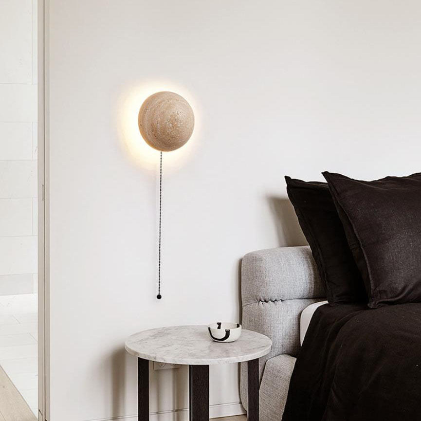 Traditional Japanese Round Yellow Travertine Wall Sconce