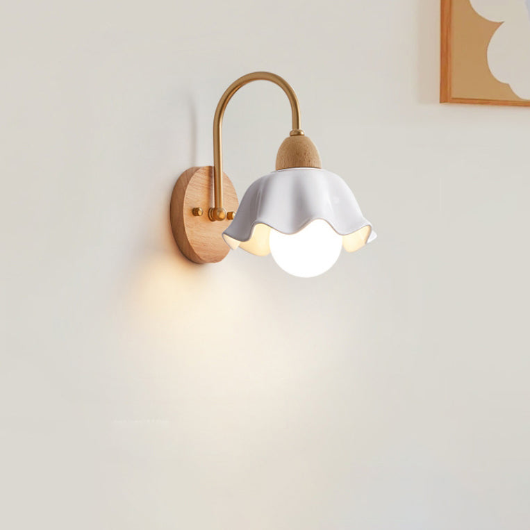 Contemporary Creative Wood Ceramic Flower Shade Wall Sconce