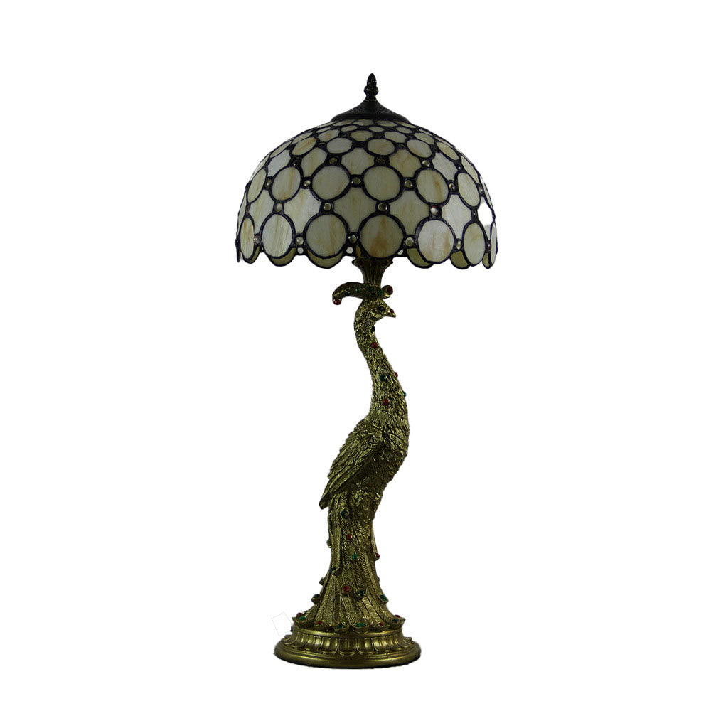 Traditional Tiffany Peacock Gem Dome Glass Resin Table Lamp