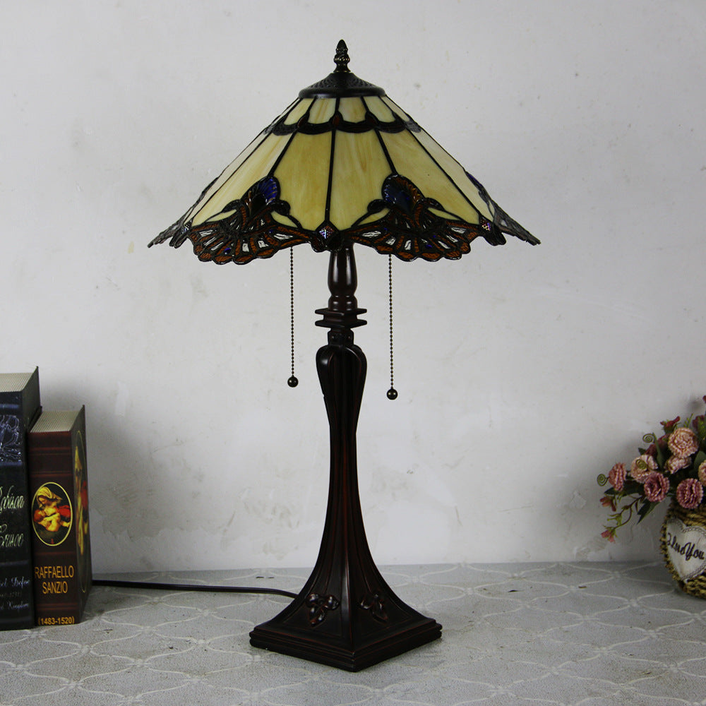Tiffany Mediterranean Stained Glass Cone Pull Table Lamp