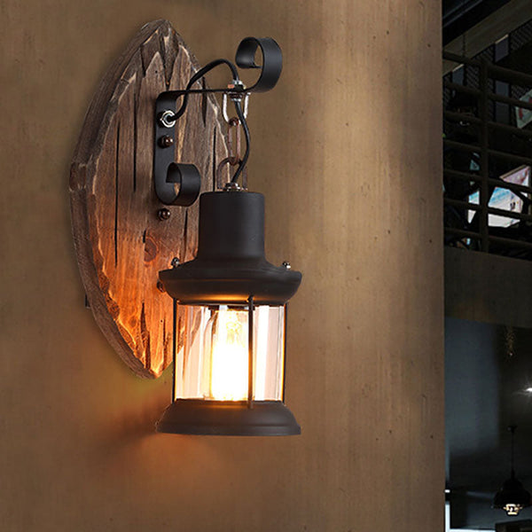 Traditional Farmhouse Wood Disc Iron Shade Wall Sconce
