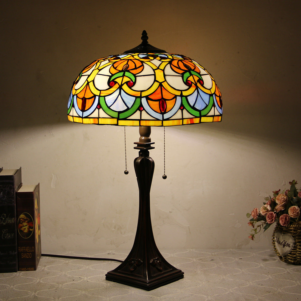 Tiffany Mediterranean Stained Glass Cone Pull Table Lamp