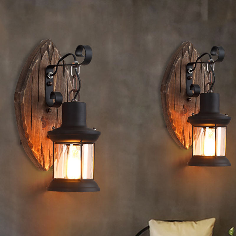 Traditional Farmhouse Wood Disc Iron Shade Wall Sconce