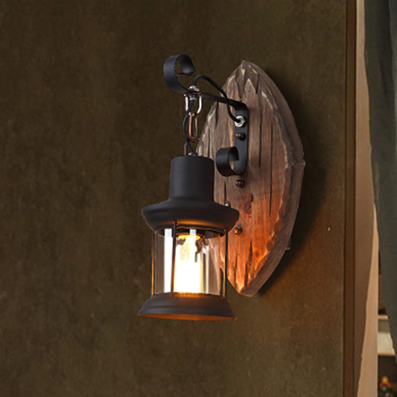 Traditional Farmhouse Wood Disc Iron Shade Wall Sconce