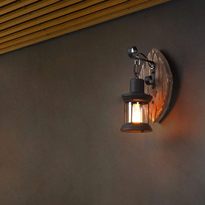Traditional Farmhouse Wood Disc Iron Shade Wall Sconce