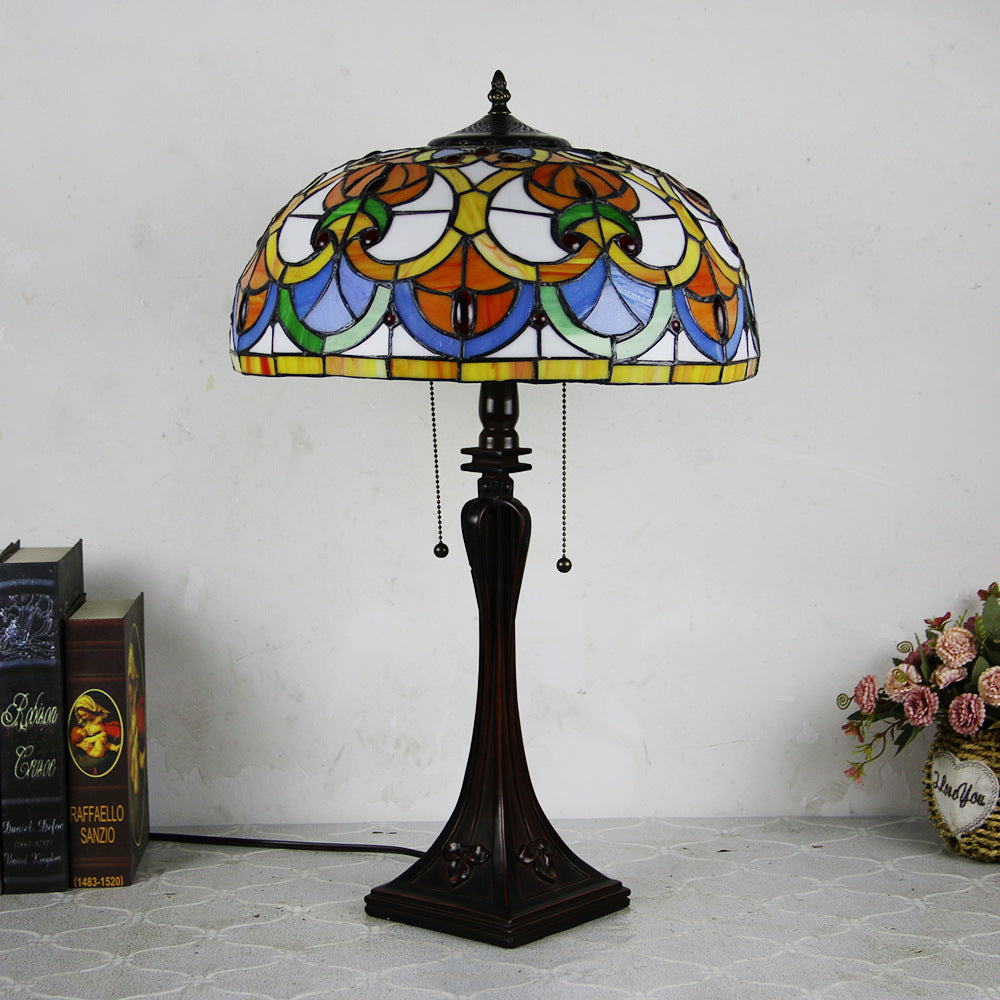 Tiffany Mediterranean Stained Glass Cone Pull Table Lamp