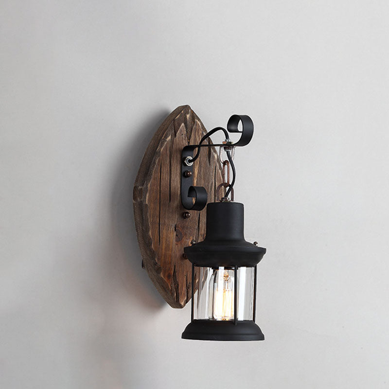 Traditional Farmhouse Wood Disc Iron Shade Wall Sconce