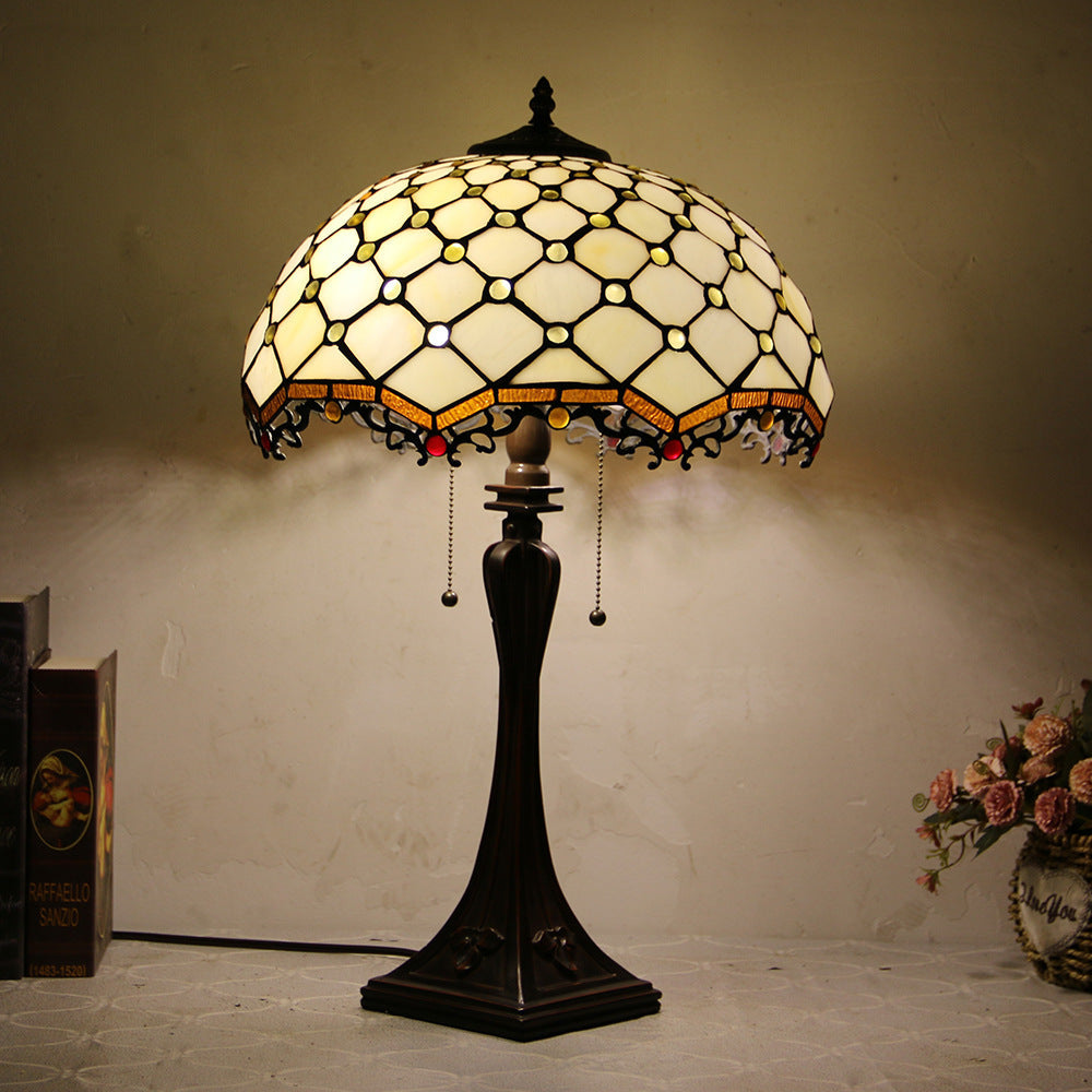 Tiffany Mediterranean Stained Glass Cone Pull Table Lamp