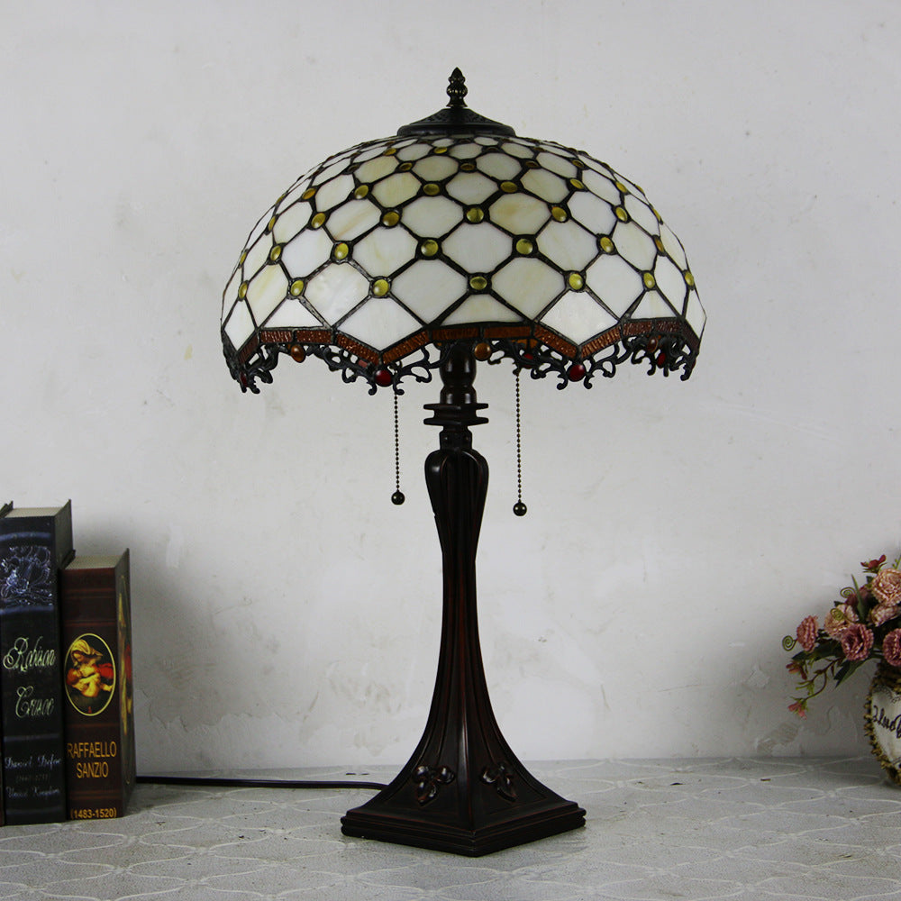 Tiffany Mediterranean Stained Glass Cone Pull Table Lamp