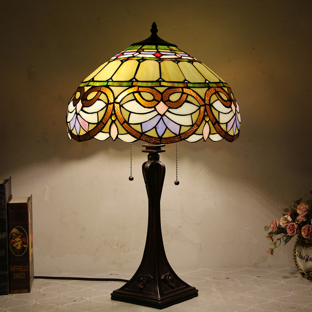 Tiffany Mediterranean Stained Glass Cone Pull Table Lamp