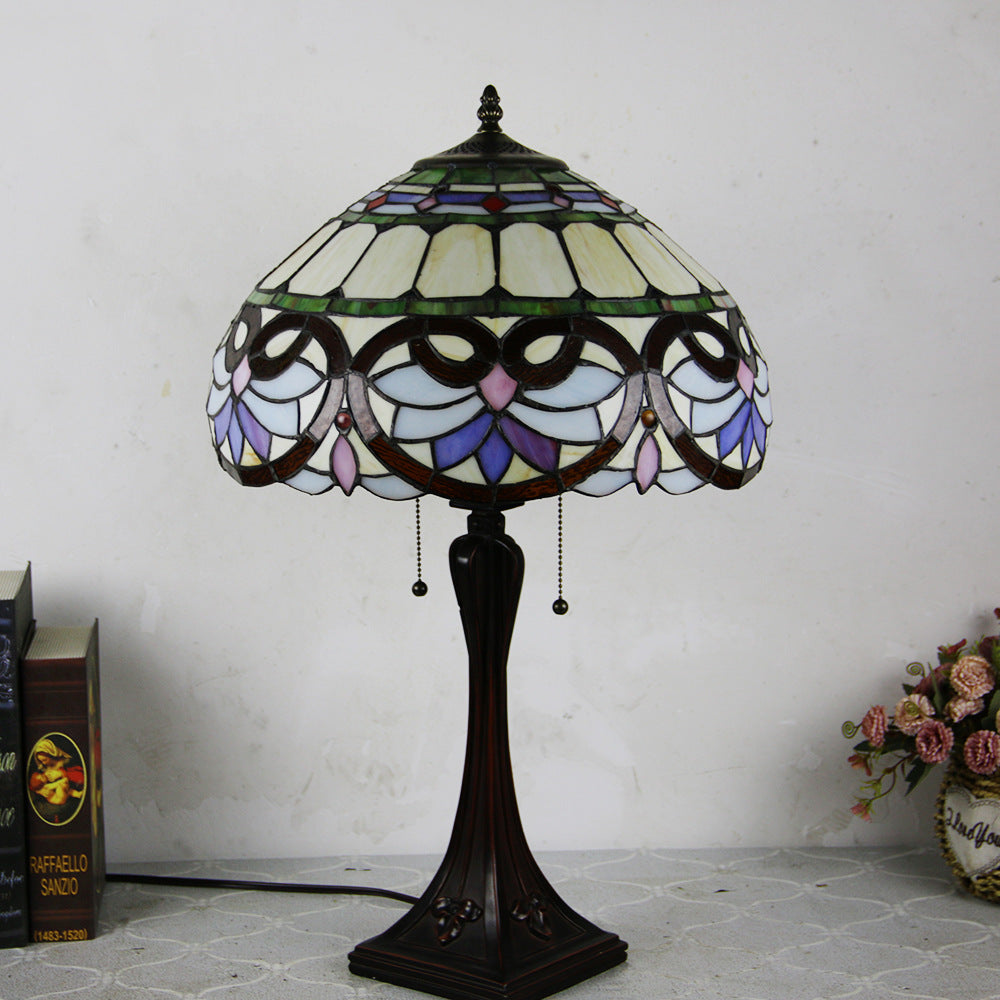 Tiffany Mediterranean Stained Glass Cone Pull Table Lamp