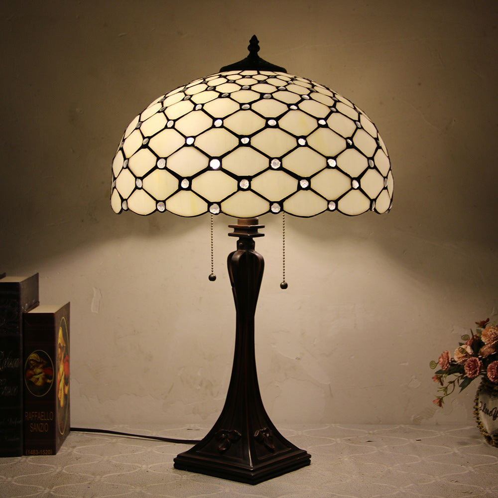 Tiffany Mediterranean Stained Glass Cone Pull Table Lamp