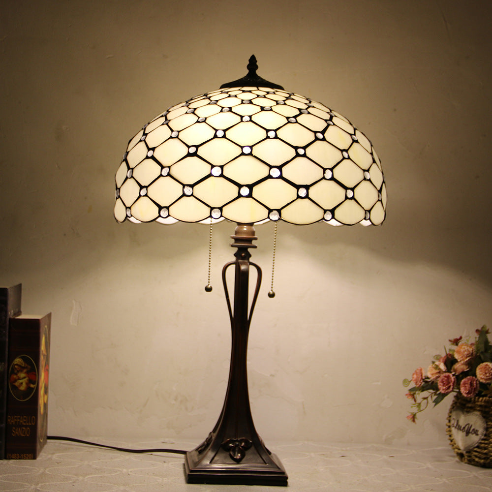 Tiffany Mediterranean Stained Glass Cone Pull Table Lamp