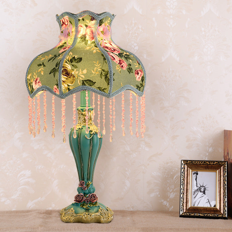 Traditional French Floral Pattern Round Fringe Table Lamp