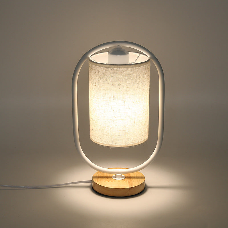 Scandinavian Cylinder Solid Wood Fabric Metal Table Lamp