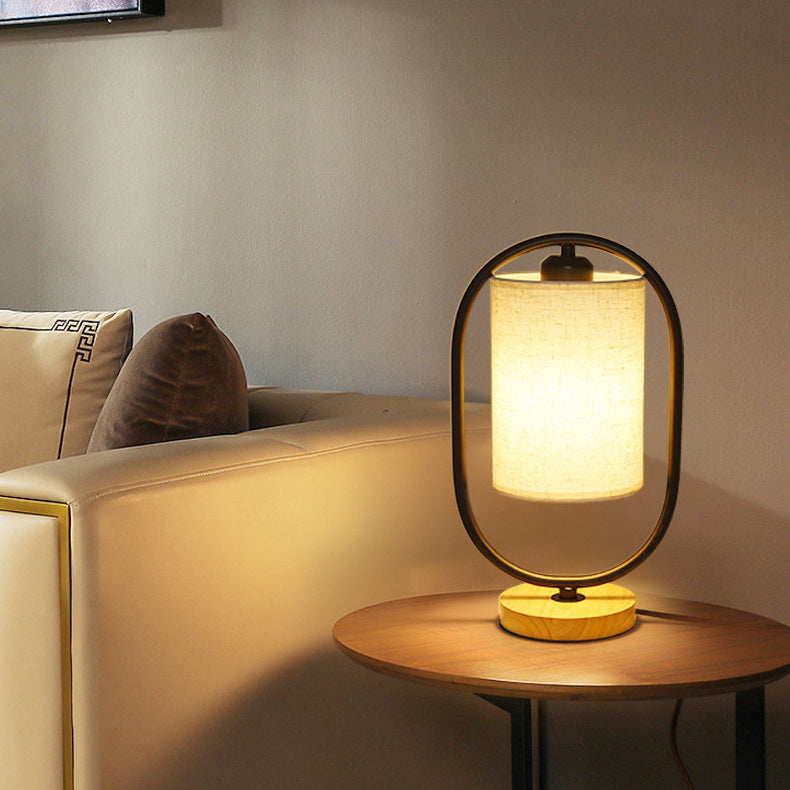 Scandinavian Cylinder Solid Wood Fabric Metal Table Lamp