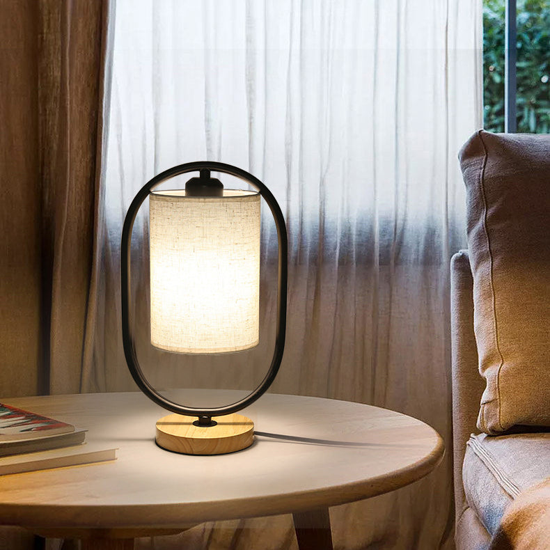 Scandinavian Cylinder Solid Wood Fabric Metal Table Lamp
