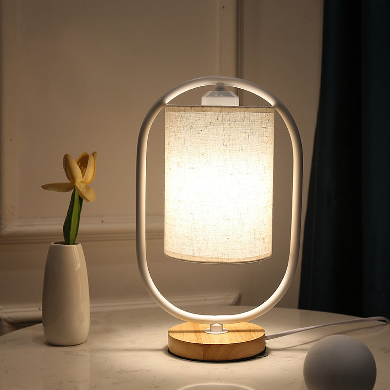 Scandinavian Cylinder Solid Wood Fabric Metal Table Lamp