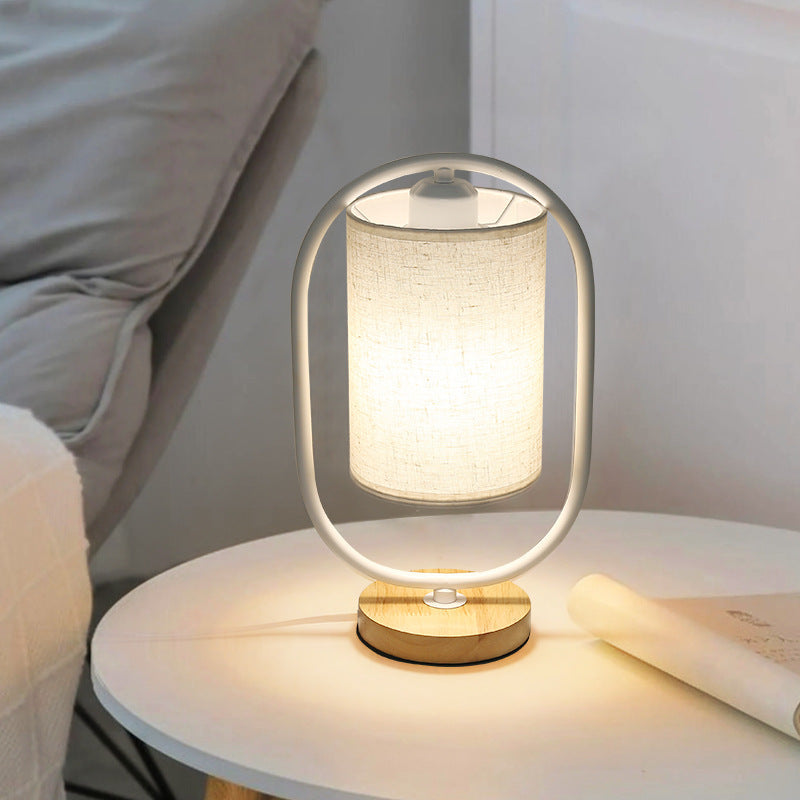 Scandinavian Cylinder Solid Wood Fabric Metal Table Lamp