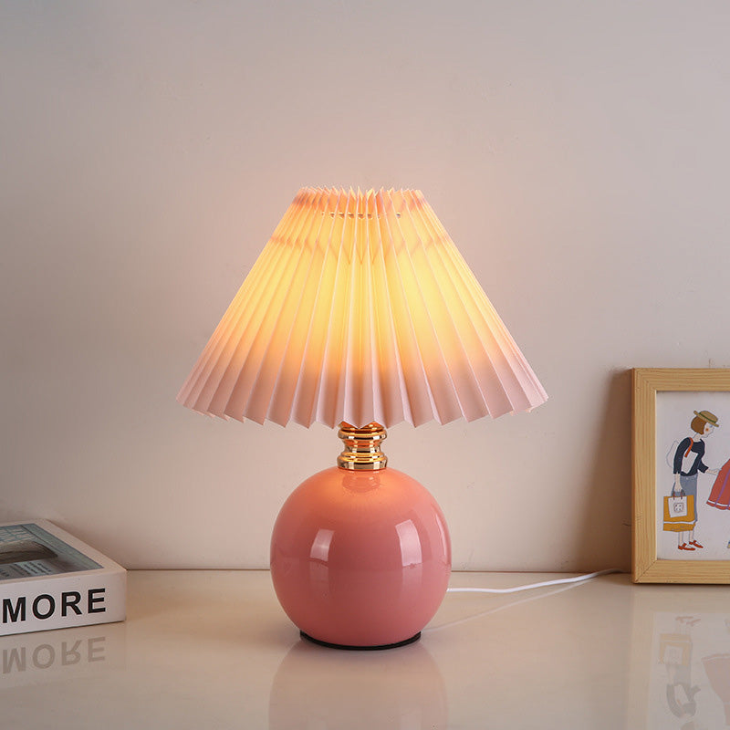 Modern Art Deco Orb Base Pleated Fabric Ceramic Table Lamp