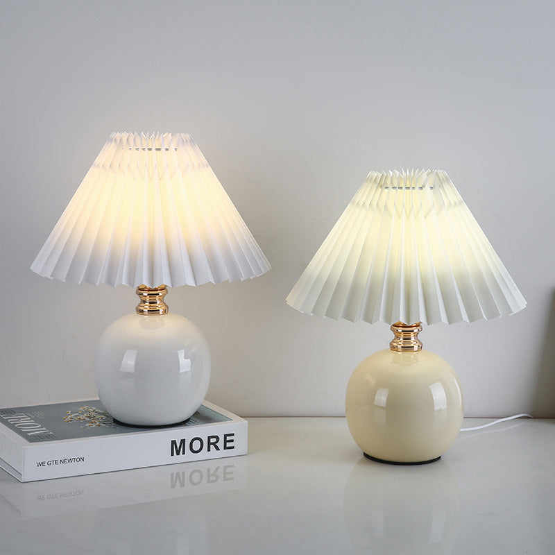Modern Art Deco Orb Base Pleated Fabric Ceramic Table Lamp