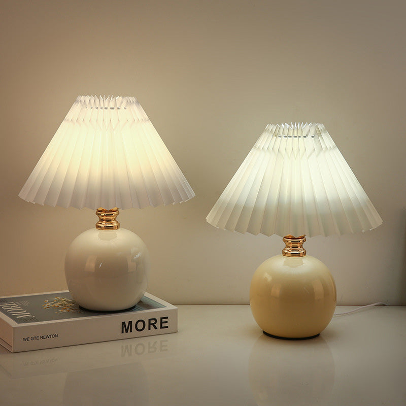 Modern Art Deco Orb Base Pleated Fabric Ceramic Table Lamp