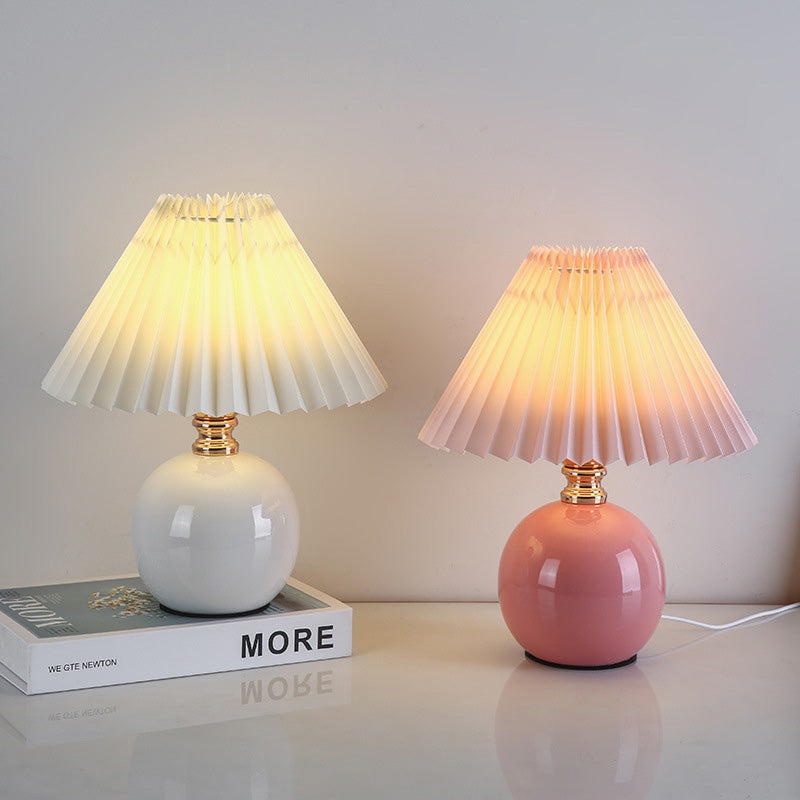 Modern Art Deco Orb Base Pleated Fabric Ceramic Table Lamp