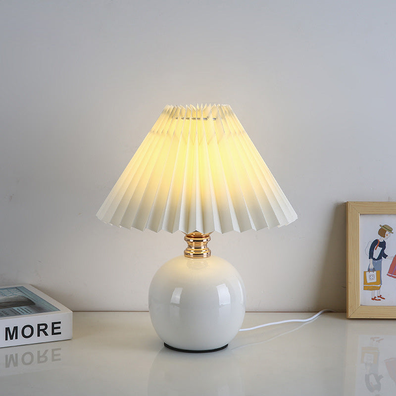 Modern Art Deco Orb Base Pleated Fabric Ceramic Table Lamp